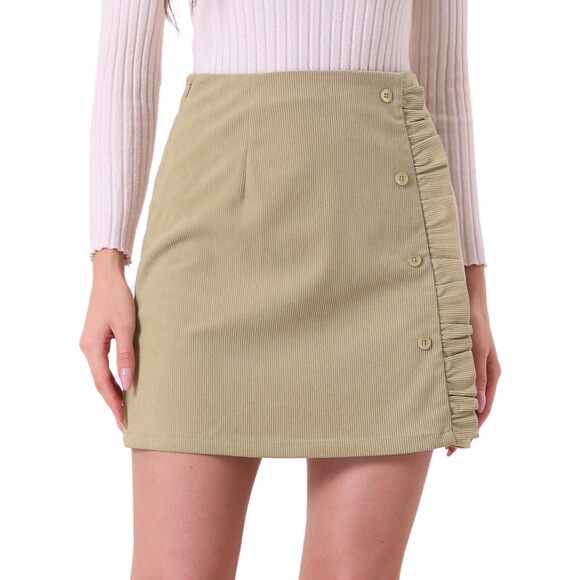 Dresses & Skirts - 6053 Corduroy Vintage Button Decor Ruffled Trim High Waist Short Skirt